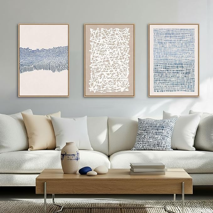 SAFERRYHOME Blue Neutral Contrast Abstract Boho Wall Art Framed Canvas Print Set, Mid Century Modern Minimalist Lines Geometric Pattern for Living Room, Bedroom, Office - 3 Panels 16x24 Inch