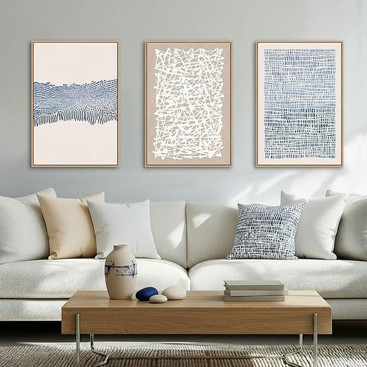 SAFERRYHOME Blue Neutral Contrast Abstract Boho Wall Art Framed Canvas Print Set, Mid Century Modern Minimalist Lines Geometric Pattern for Living Room, Bedroom, Office - 3 Panels 16x24 Inch