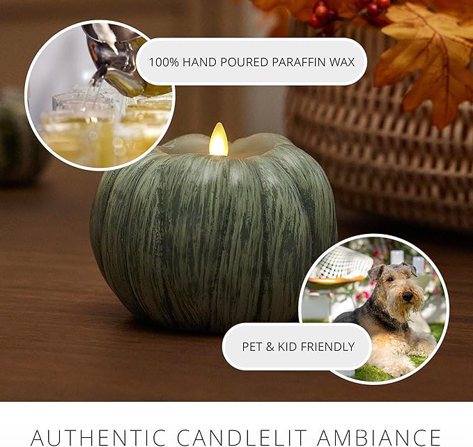 Luminara Pumpkin Figural Flameless Flickering Moving Flame LED Candle (5.25" x 4.5"), Smooth Real Unscented Wax, Time Function (Iceberg Green)