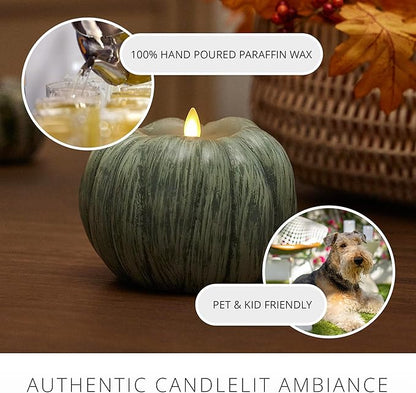 Luminara Pumpkin Figural Flameless Flickering Moving Flame LED Candle (5.25" x 4.5"), Smooth Real Unscented Wax, Time Function (Iceberg Green)