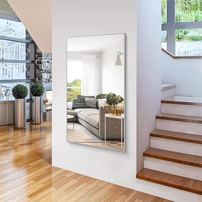 COFENY 36x60inch Brushed Nickel Bathroom Mirror, Silver Rectangle Mirror with Frame, Large Rectangular Wall Mirrors for Bathroom, Living Roomm, Hair Salon, Big Mirror Hang Horizontal/Vertical