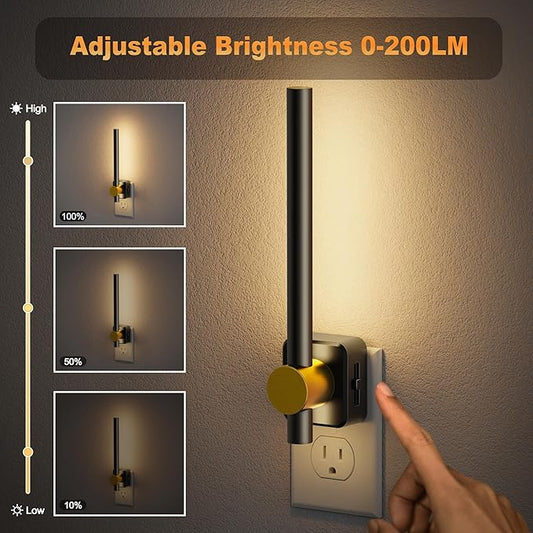 JandCase LED Night Light Plug into Wall, Dusk to Dawn Sensor, 0-200LM Dimmable LED Night Light, Bright Black and Gold Vanity Nightlight for Bathroom Bedroom Dressing Room, 3000K Soft White, 1 Pack