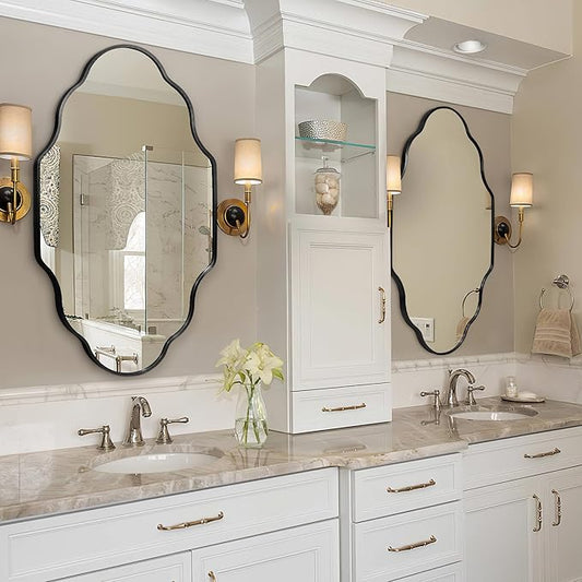 Scalloped Mirror for Bathroom - 24"x36" Black Bathroom Mirror with Aviation Aluminum Alloy Frame & Shatter-Proof Glass for Living Room Bedroom Entryway, Brushed Black Frame(x1)