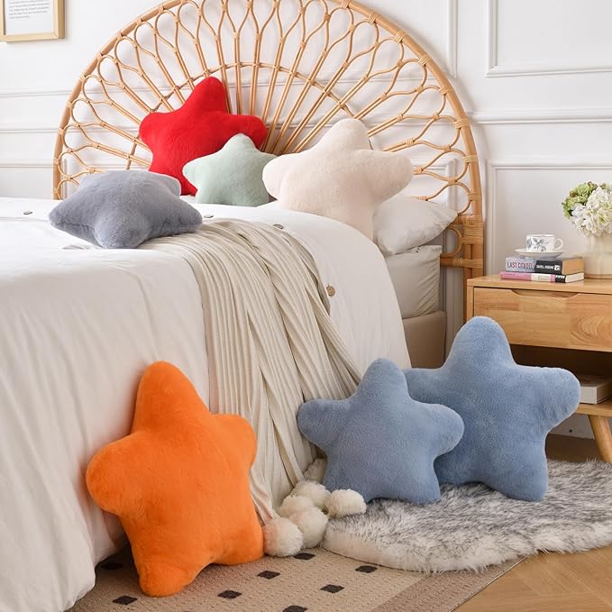 Star Pillow, Decorative Throw Pillows for Bed Couch, 15" Star Shaped Pillow Plush Floor Cushions Room Decor Pillow with Faux Rabbit Fur for Sofa Bedroom Living Room (Orange, 19.6" x 19.6")
