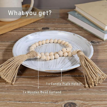 10-inch Candle Plate Holder Tray & 30-inch Wooden Bead Garland with Tassels, Farmhouse Decorative Tray, Rustic Country Home Decor - White