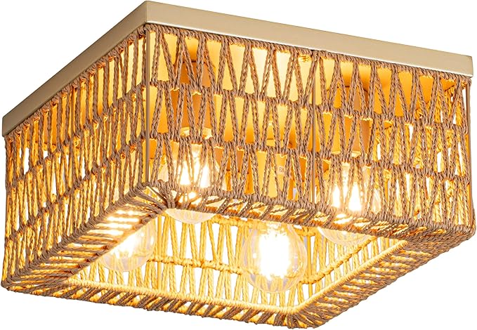 Rpzloila Rattan Ceiling Light, 4-Light Boho Light Fixture, Square Flush Mount Ceiling Light for Bedroom, Hallway, Entryway, Kitchen, Living Room