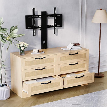 GarveeHome TV Stand with Mount, 47.2" Modern Entertainment Center 6-Drawer Rattan Dresser for 32-85 Inch TVs, Media Console Table with Storage for Living Room, Bedroom, Natural