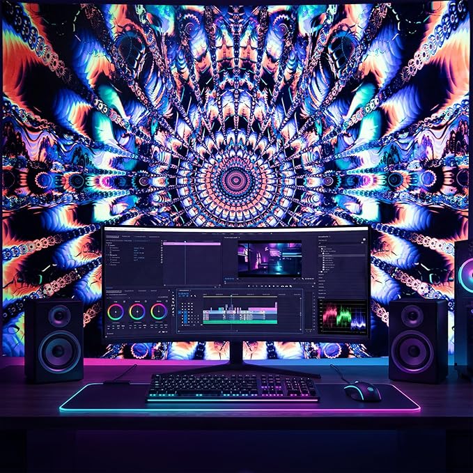 PRRPRR Blacklight Trippy Mandala Tapestry - UV Reactive Glow in the Dark Wall Hanging, Neon Psychedelic Boho Posters for Bedroom, Aesthetic Dorm Room Decor, Party Backdrop (59"x51")