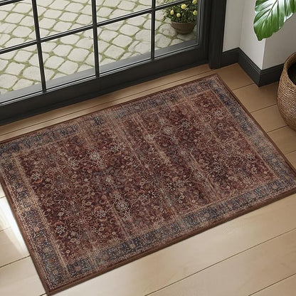 Brick Red 2x3 Entryway Rug, Vintage Earthy Front Door Mat Indoor Entrance, Low Pile Thin Kitchen Rugs Washable Non-Slip, Aesthetic Moody Small Area Rugs for Entry Way Bedroom Bathroom