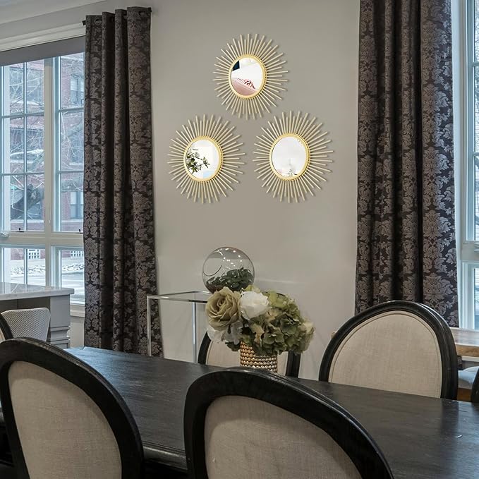 3 Set Sunburst Mirrors for Wall Decor Living Room Bedroom Bathroom Dining Room Metal Boho Sunburst Wall Mirror Set Gold Metal Vintage Circle Art Pack - Gold 11.8 in