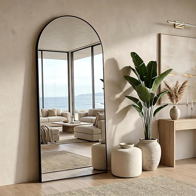 MISSDAY 64"x24" Arched Full Length Mirror, Full Body Mirror with Stand, Floor Mirror Long Free Standing, Leaning or Hanging, Aluminum Thin Frame Wall-Mounted Mirrors Wall Mirrors for Bedroom, Black