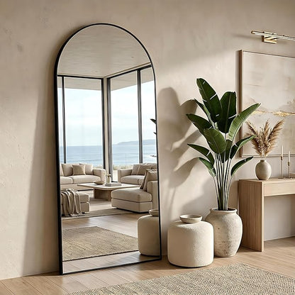 MISSDAY 64"x24" Arched Full Length Mirror, Full Body Mirror with Stand, Floor Mirror Long Free Standing, Leaning or Hanging, Aluminum Thin Frame Wall-Mounted Mirrors Wall Mirrors for Bedroom, Black