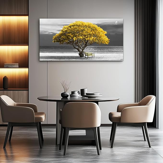 wall art for living room Decorations Photo Prints - panoramic black and white with yellow trees The moon scenery - Modern Home Decor The room Stretched and Framed Ready to Hang artwork 20X40inches