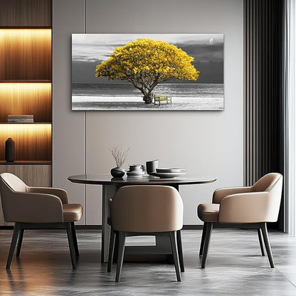 wall art for living room Decorations Photo Prints - panoramic black and white with yellow trees The moon scenery - Modern Home Decor The room Stretched and Framed Ready to Hang artwork 20X40inches