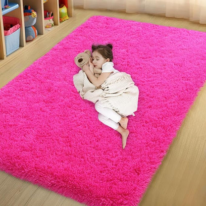 qulint Hot Pink Area Rug for Bedroom, Fluffy Soft 4x6 Shag Rug for Living Room Fuzzy Plush Small Carpet for Nursery Kid Room, Shaggy Alfombras para Habitacion for Home Decor (4ft x 6ft, Hot Pink)