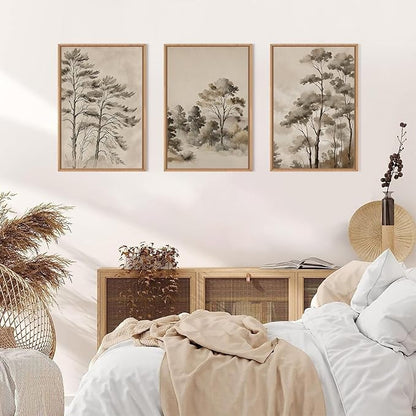 Vintage Sketch Trees Framed Canvas Wall Art Set,Watercolor Ink Nature Forest Landscape Wall Decor,Modern Birch Tree Branch Calm Painting for Living Room,Bedroom-24 x36 x3