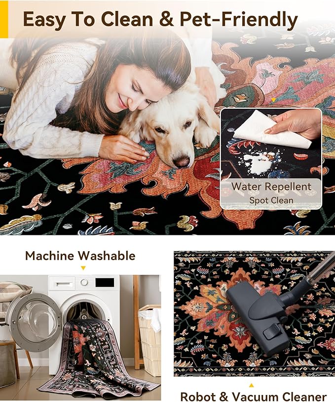 RELEANY Area Rugs 3'x12' Runner Rug Non Slip Washable for Kitchen Hallway Bedroom Beside Laundry Room Bathroom Rug, Floor Carpet, Black Colorful Floral Dark Tan