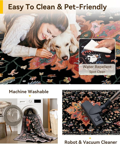 RELEANY Area Rugs 5'x8' Washable Non-Slip, Floral Vintage Distress Print Pattern Medallion Carpet for Living Room Bedroom Dining Room, Black Colorful Floral Dark Tan