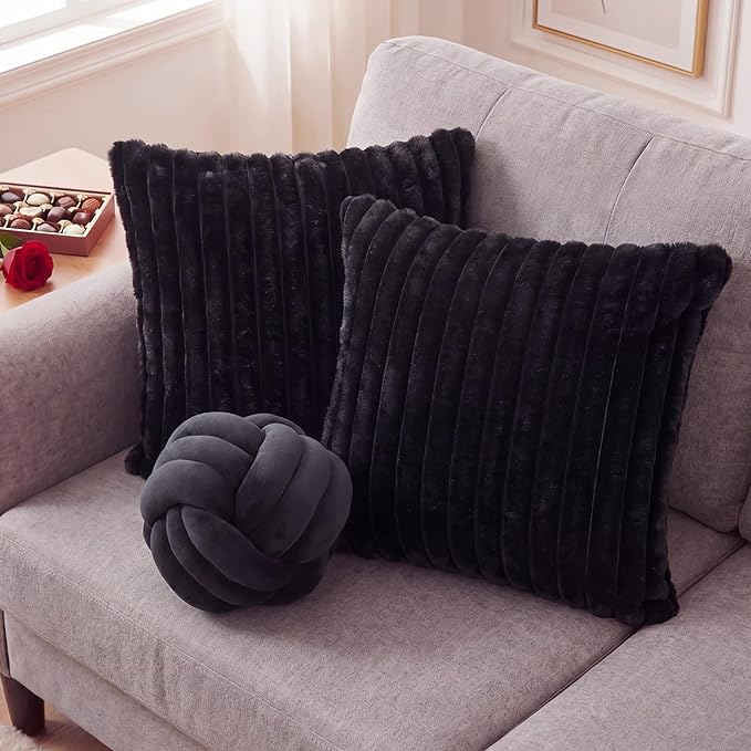Tegeme Set of 3 Knot Pillow Ball and 18" Throw Pillowcases Fuzzy Striped, Soft Knotted Home Decor Pillow, 2 Faux Fur Cushion Covers Aesthetic Cushion and Cases for Sofa Bed Bedroom Living Room(Black)