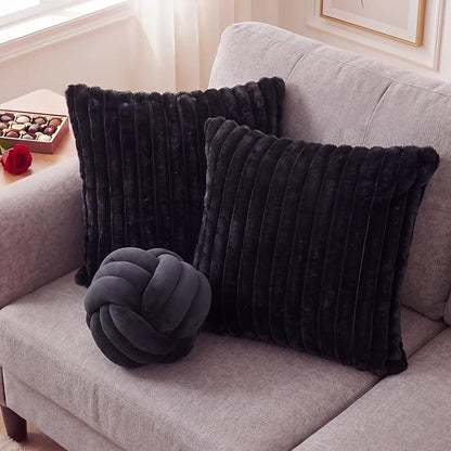 Tegeme Set of 3 Knot Pillow Ball and 18" Throw Pillowcases Fuzzy Striped, Soft Knotted Home Decor Pillow, 2 Faux Fur Cushion Covers Aesthetic Cushion and Cases for Sofa Bed Bedroom Living Room(Black)