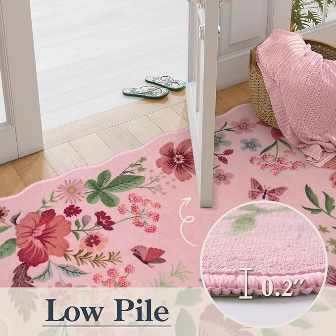 Lahome Floral Washable Entryway Rug, 2X3 Soft Kitchen Rugs Non-Slip, Ultra-Thin Door Mat Indoor Entrance Stain Resistant Boho Small Throw Carpet for Bathroom Bedroom Entry Flore, Pink