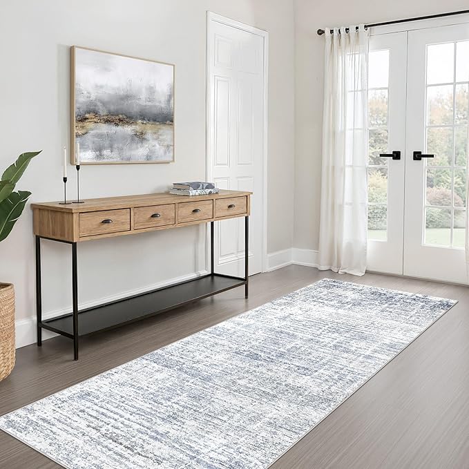 Runner Rug Non-Slip Kitchen Rug: 3x10 Washable Abstract Modern Soft Stain Resistant Indoor Floor Neutral Accent Throw Carpet for Hallway Bathroom Laundry Room Bedroom Entryway- Blue