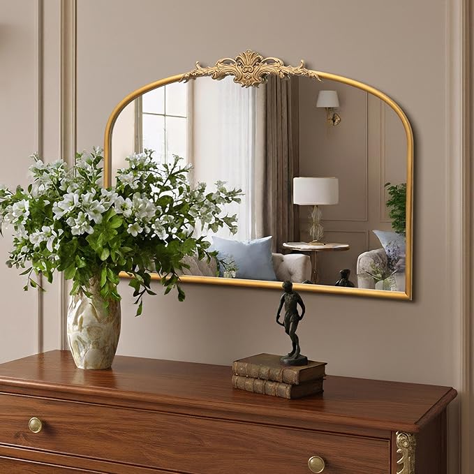 Besdomus Antique Arched Gold Mirror: 32"x24" French Large Gleaming Gold Antique Wall Mounted Mirror - Baroque Traditional Ornate for Fireplace/Bathroom/Bedroom - Wall Decor for Homemakers