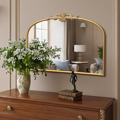 Besdomus Antique Arched Gold Mirror: 32"x24" French Large Gleaming Gold Antique Wall Mounted Mirror - Baroque Traditional Ornate for Fireplace/Bathroom/Bedroom - Wall Decor for Homemakers