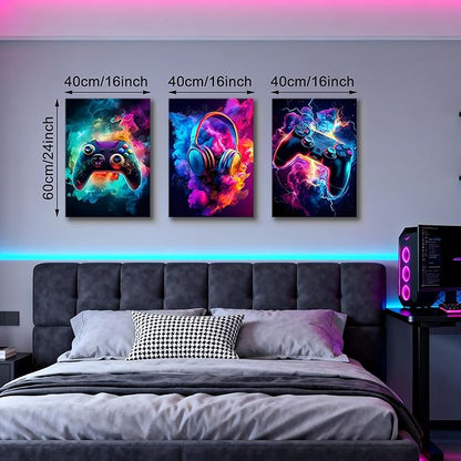 WENGTIAO 3Pcs Framed Gaming Canvas Wall Art Prints Cool Video Gamer Painting Neon Gamepad Headphones Posters Colorful Game Controller Pictures Esports Artwork for Teen Boys Bedroom Play Room 16x24in