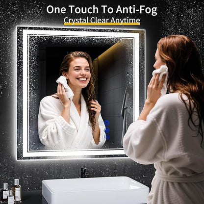 30"x30" LED Bathroom Mirror with Anti-Fog, Stepless Dimmable Lights, 3 Color Modes, Shatter-Proof Tempered Glass,Waterproof Design