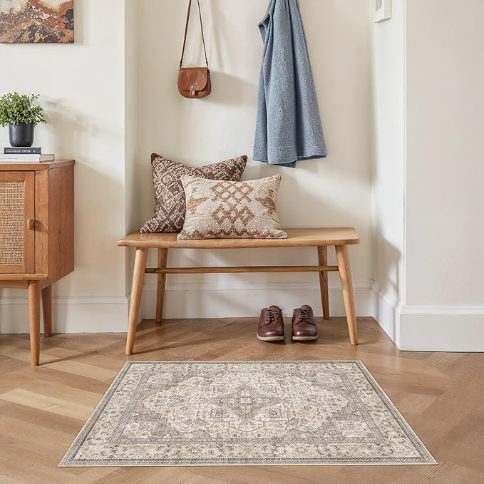 EIEIHOUSE Washable Area Rugs for Living Room -2x3 Neutral Vintage Distressed Floral Farmhouse Boho Large Soft Floor Rug Indoor Non Slip Carpet for Bedroom Dining Room Office - Brown/Multi
