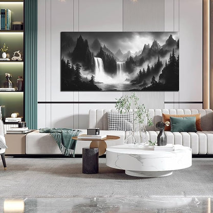 CIRABKY Waterfall Living Room Pictures Wall Decor - Black and White Mountain Wall Art for Bedroom - Large Canvas Wall Art for Office Size 29" x 59"