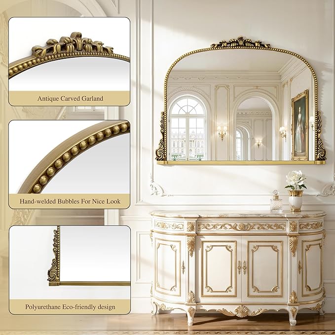 26x38 inch Vintage Arched Gold Ornate Baroque Mirror - Wall Vanity Mirror with Beautiful Retro Top and Bottom Engraving Process Frame for Bathroom, Living Room, Fireplace, Entryway, HD Tempered Glass