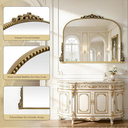 26x38 inch Vintage Arched Gold Ornate Baroque Mirror - Wall Vanity Mirror with Beautiful Retro Top and Bottom Engraving Process Frame for Bathroom, Living Room, Fireplace, Entryway, HD Tempered Glass