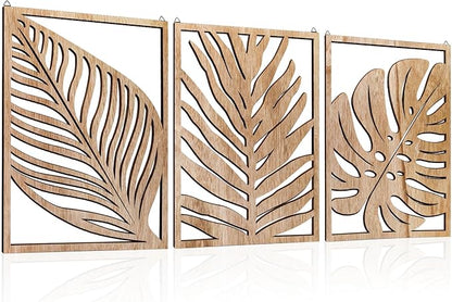 3PCS Tropical Wall Art, Wall Art Decor Leaf Sign Wall Vintage Tropical Plant Wall Rustic Palm Leaf, Modern Wooden Wall Sculptures for for Living room, Bedroom, Office, Wood Decor Accents, Home Decorations(16.5x 12.6x0.2in)