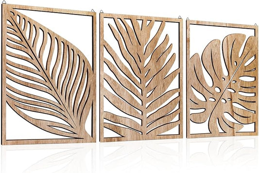 3PCS Tropical Wall Art, Wall Art Decor Leaf Sign Wall Vintage Tropical Plant Wall Rustic Palm Leaf, Modern Wooden Wall Sculptures for for Living room, Bedroom, Office, Wood Decor Accents, Home Decorations(16.5x 12.6x0.2in)