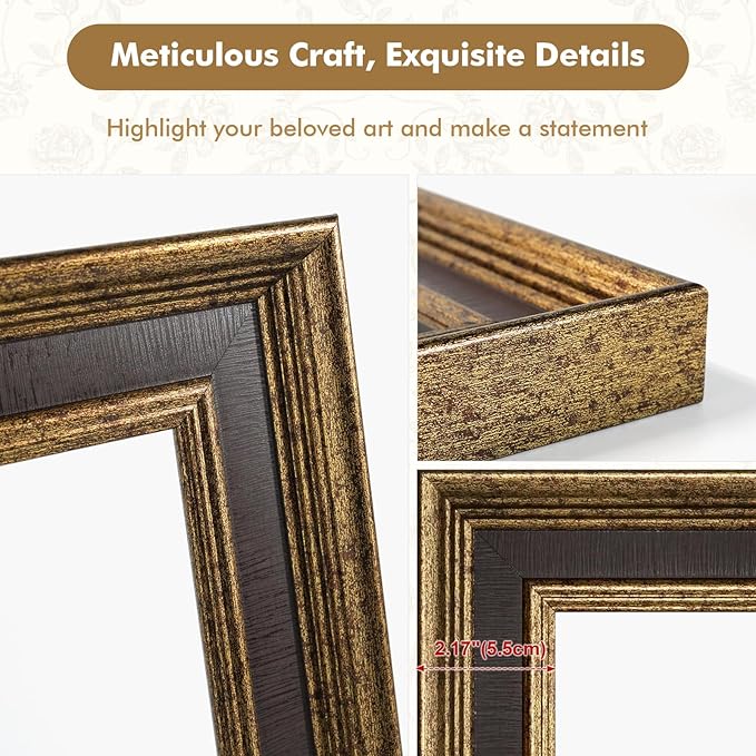 Antique French Canvas Frame for 20x24 Oil Paintings Diamond Art Prints, 1.7" Wide Vintage Gallery Wall Frame for Coffee Book Shop Dining Room Kitchen Decor, No Back & Cover (Gold Brown)