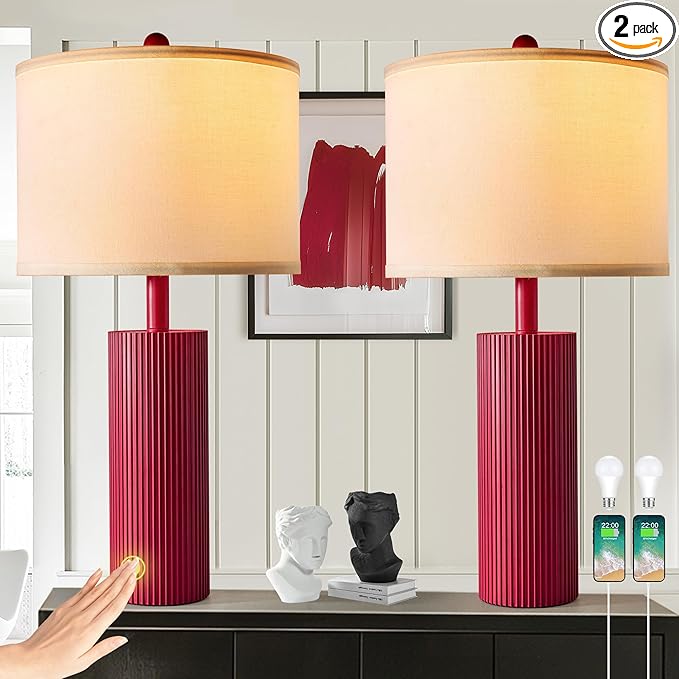 24.5" Red Touch Lamps Set of 2, Modern Living Room Table Lamps with USB C+A Ports, 2 Bulbs Included, Table Light Fixture for Nightstand, Creative Stripe Bedside Lighting
