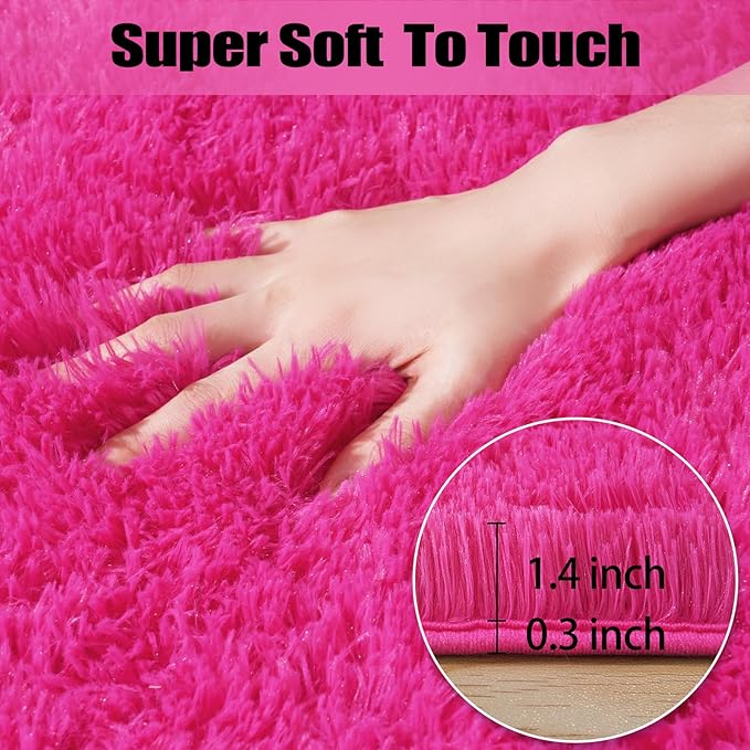 qulint Hot Pink Rugs for Bedroom Girls, 3x5 Area Rug Fluffy Shaggy Kids Rug Plush Shag Carpet for Living Room, Fuzzy Small Carpet for Nursery Solid Modern Alfombra Home Decor (3ft x 5ft, Hot Pink)