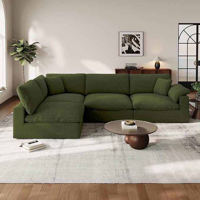 Cloud Modular Couch for Living Room,V Shape Linen Blend Sofas,Modern Deep Seat Cloud Sofas,Convertible Comfort Down Filled Sectional Couches,Removable Washable Cushion Covers,Green