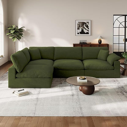 Cloud Modular Couch for Living Room,V Shape Linen Blend Sofas,Modern Deep Seat Cloud Sofas,Convertible Comfort Down Filled Sectional Couches,Removable Washable Cushion Covers,Green