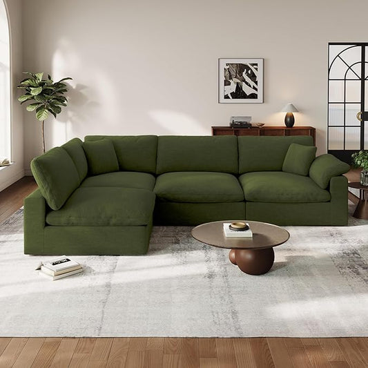 Cloud Modular Couch for Living Room,V Shape Linen Blend Sofas,Modern Deep Seat Cloud Sofas,Convertible Comfort Down Filled Sectional Couches,Removable Washable Cushion Covers,Green