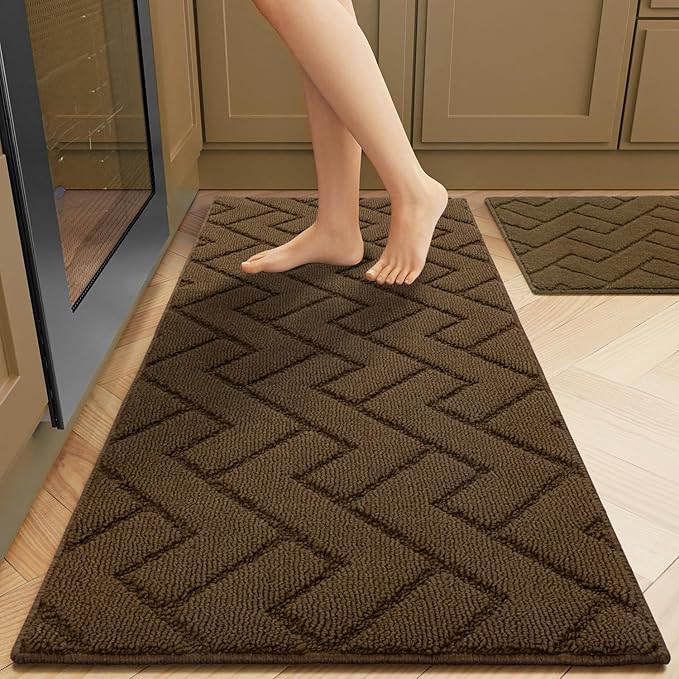 hicorfe Kitchen Runner Rugs and Mats Sets,2 Pieces Absorbent Non-Slip Kitchen Rug,Comfort Kitchen Mat for Floor,Washable for Kitchen,Hallway,Office,Sink,Laundry(20"x48"+20"x32",Dark Brown)