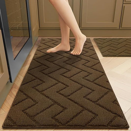 hicorfe Kitchen Runner Rugs and Mats Sets,2 Pieces Absorbent Non-Slip Kitchen Rug,Comfort Kitchen Mat for Floor,Washable for Kitchen,Hallway,Office,Sink,Laundry(20"x48"+20"x32",Dark Brown)