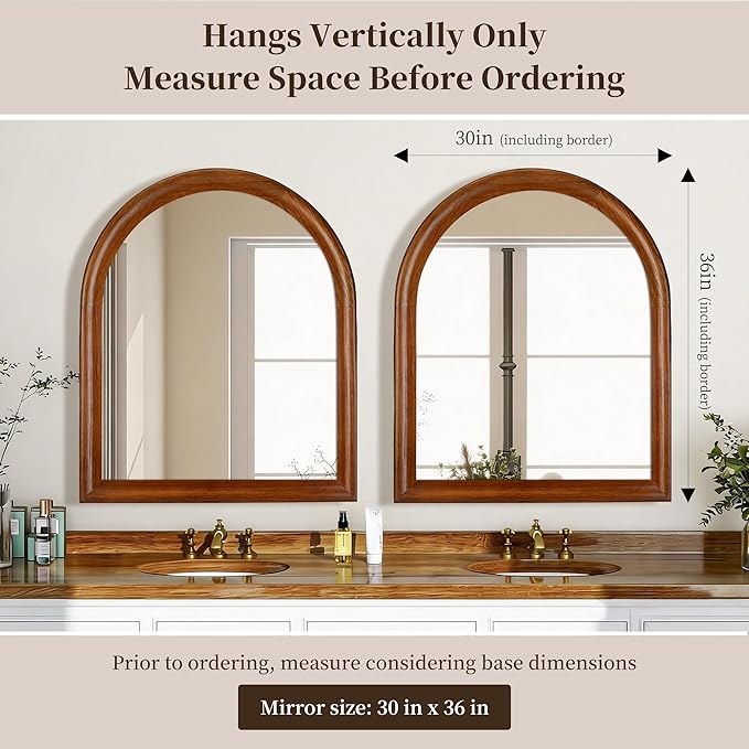 Tanmicoshomy Brown Wood Framed Arched Bathroom Mirror 30x36 Inch, Wall Mirrors with Tempered Glass for Living Room, Bedroom or Entryway