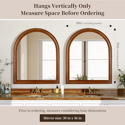 Tanmicoshomy Brown Wood Framed Arched Bathroom Mirror 30x36 Inch, Wall Mirrors with Tempered Glass for Living Room, Bedroom or Entryway