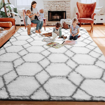 ONASAR 8x10 Area Rugs for Living Room, Fluffy White and Grey Rug for Bedroom, Geometric Moroccan Indoor Shaggy Boho Soft Plush Floor Carpet for Kids Teen Nursery Dorm Home Decor Aesthetic