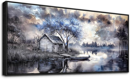 ERQINHUA Large Canvas Blue Tree Lakeside Landscape Painting Wall Decor For Living Room Restaurant Wall Art For Office Bedroom Artwork Pictures Modern Home Decor Ready To Hang Black Framed 32x72 In