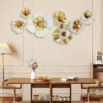 White Gold Abstract Wall Decor - Modern Metal Wall Sculptures, Large 3D Vertical 49"*25" Flower Wall Decor for Living Room, Dining Room, Bedroom