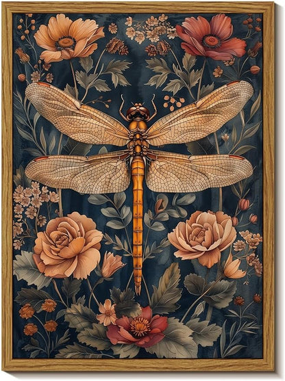 Djmwtb Framed Wall Art Vintage Wall Decor Dragonfly Canvas Art Floral Pictures Botanical Paintings Dark Prints Nature Artwork for Bedroom Living Room